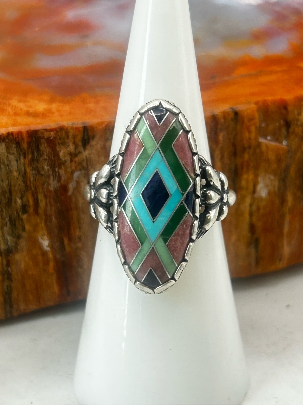 Carolyn Pollack Designer Ring, Southwest Style Sterling Silver w/ stone inlay